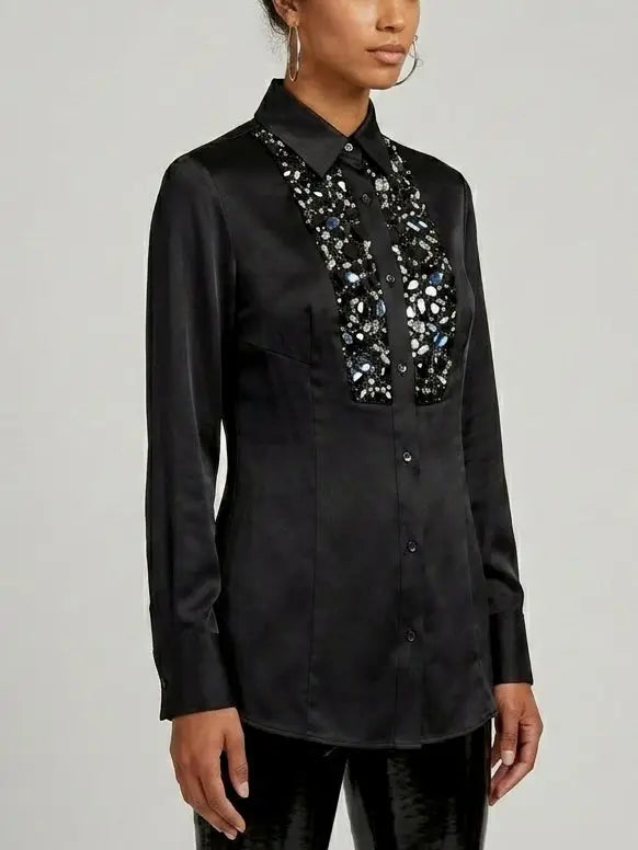 Mirror Paillette Embellished Silk Black Shirt - Tops