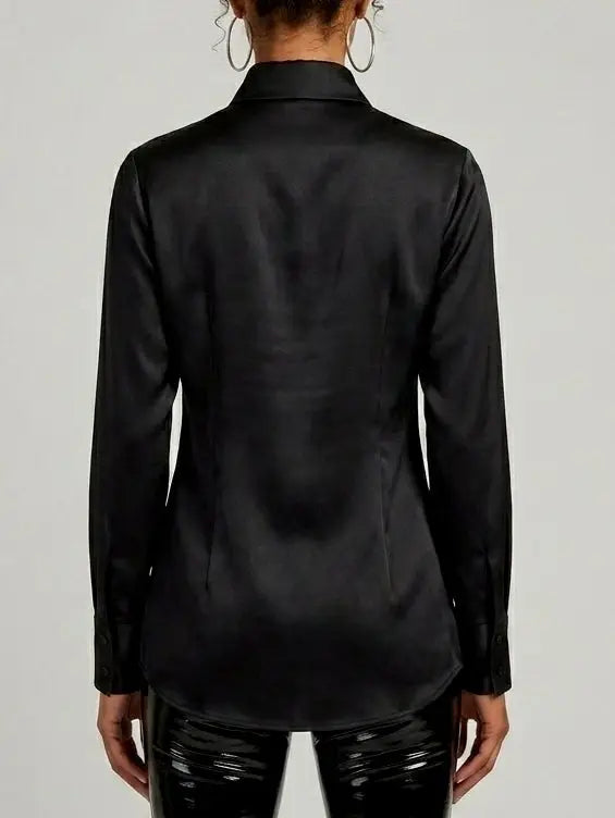 Mirror Paillette Embellished Silk Black Shirt - Tops