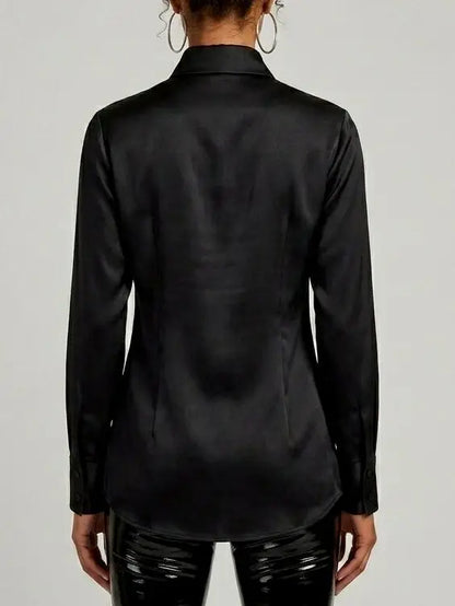 Mirror Paillette Embellished Silk Black Shirt - Tops