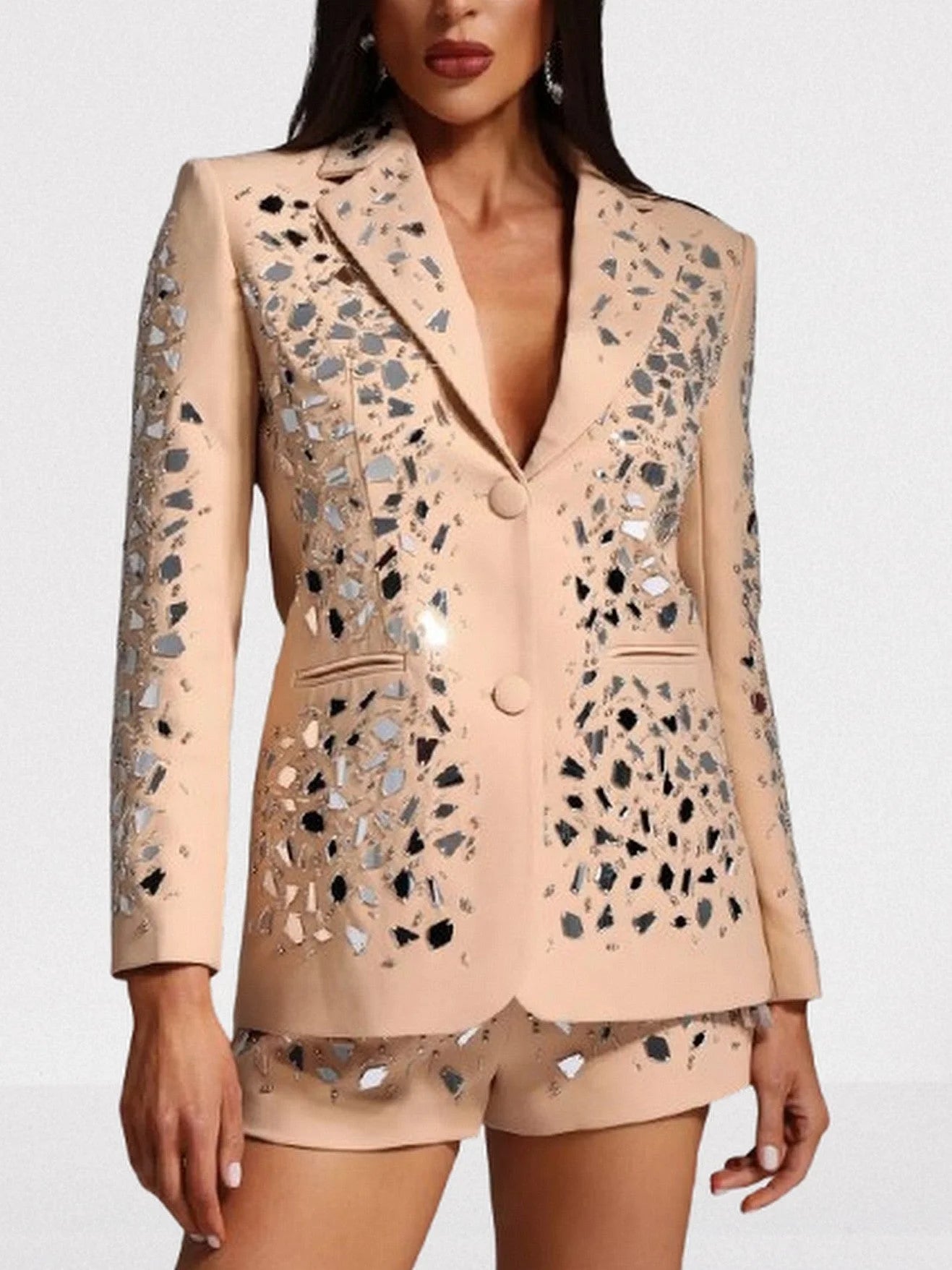 Mirror Sequin Embellished Blazer and Short Set Suits & Sets