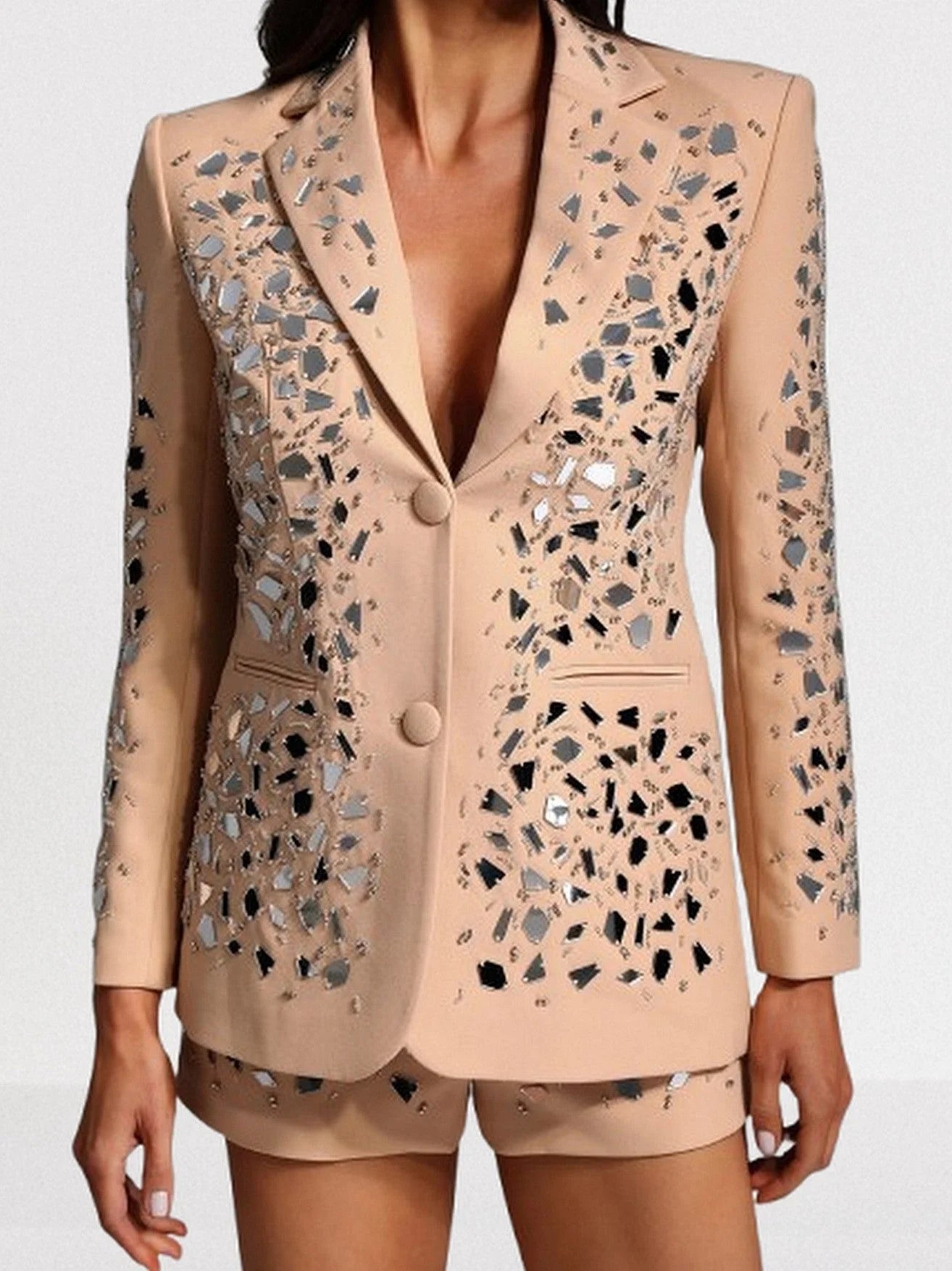 Mirror Sequin Embellished Blazer and Short Set Suits & Sets