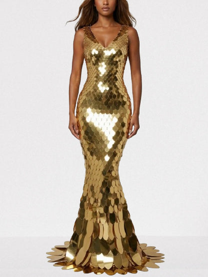 Mirrored Petal Paillette Maxi Gown - S / Gold - Dresses