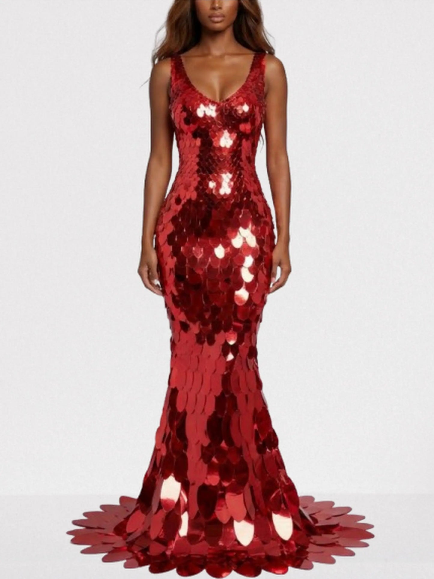 Mirrored Petal Paillette Maxi Gown - S / Red - Dresses