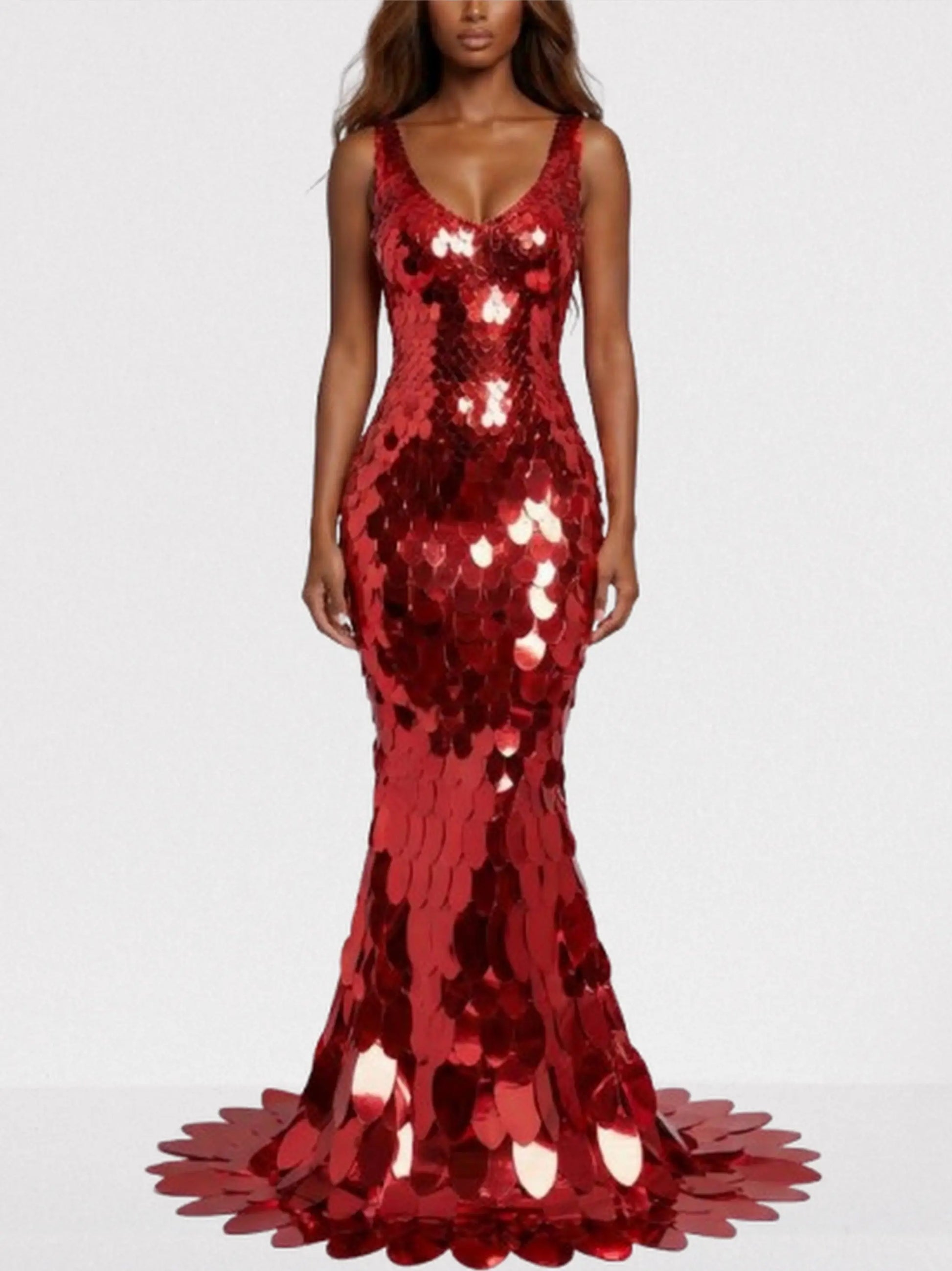 Mirrored Petal Paillette Maxi Gown - S / Red - Dresses