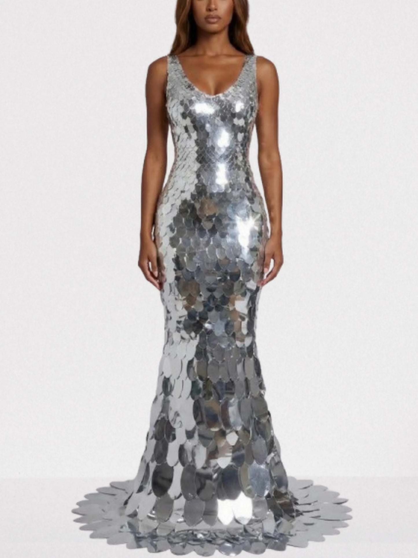 Mirrored Petal Paillette Maxi Gown - S / Silver - Dresses
