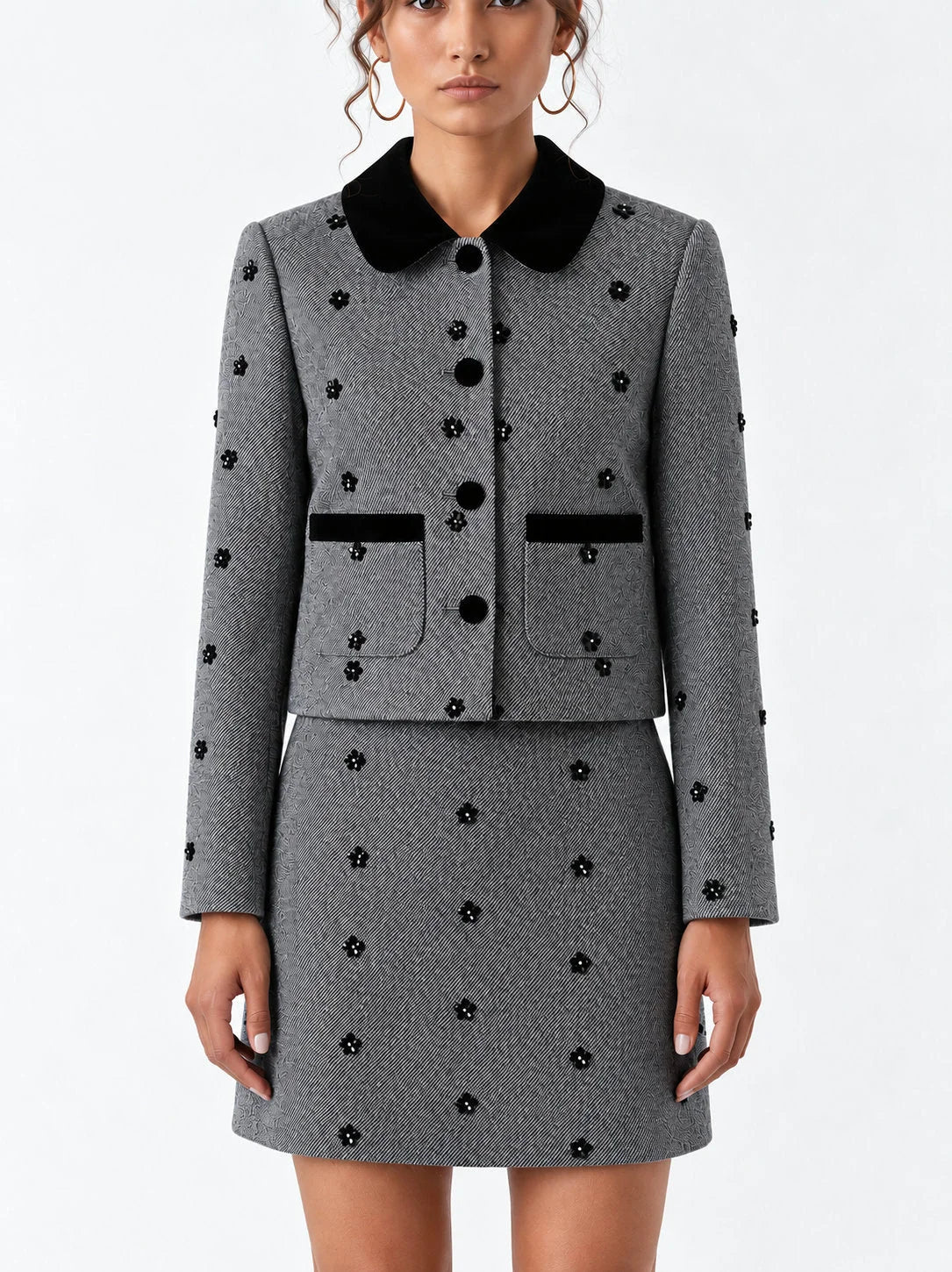 Monochrome Floral Embellished Jacket and Mini Skirt Set - S - Suits & Sets