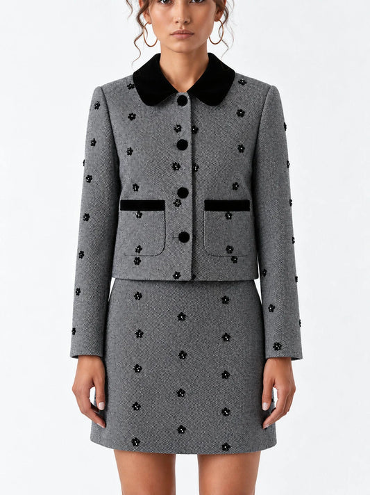 Monochrome Floral Embellished Jacket and Mini Skirt Set - S - Suits & Sets