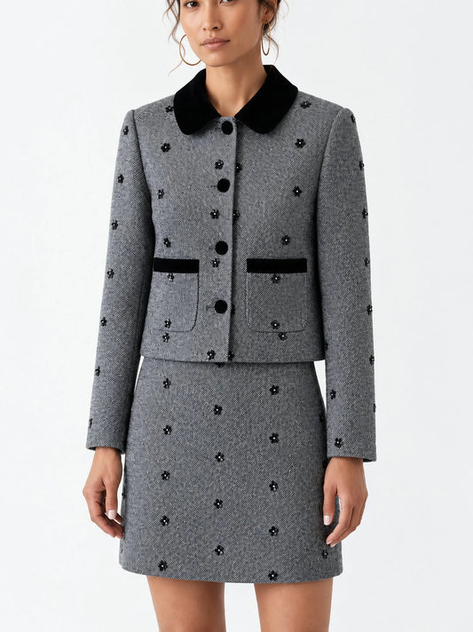 Monochrome Floral Embellished Jacket and Mini Skirt Set - Suits & Sets