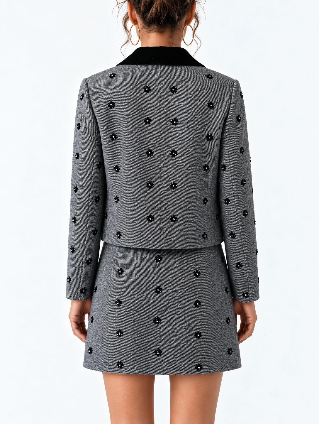 Monochrome Floral Embellished Jacket and Mini Skirt Set - Suits & Sets