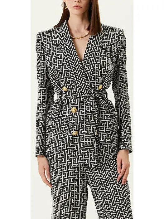 Monogram Printed Jacket with Shawl Collar - Branna Couture