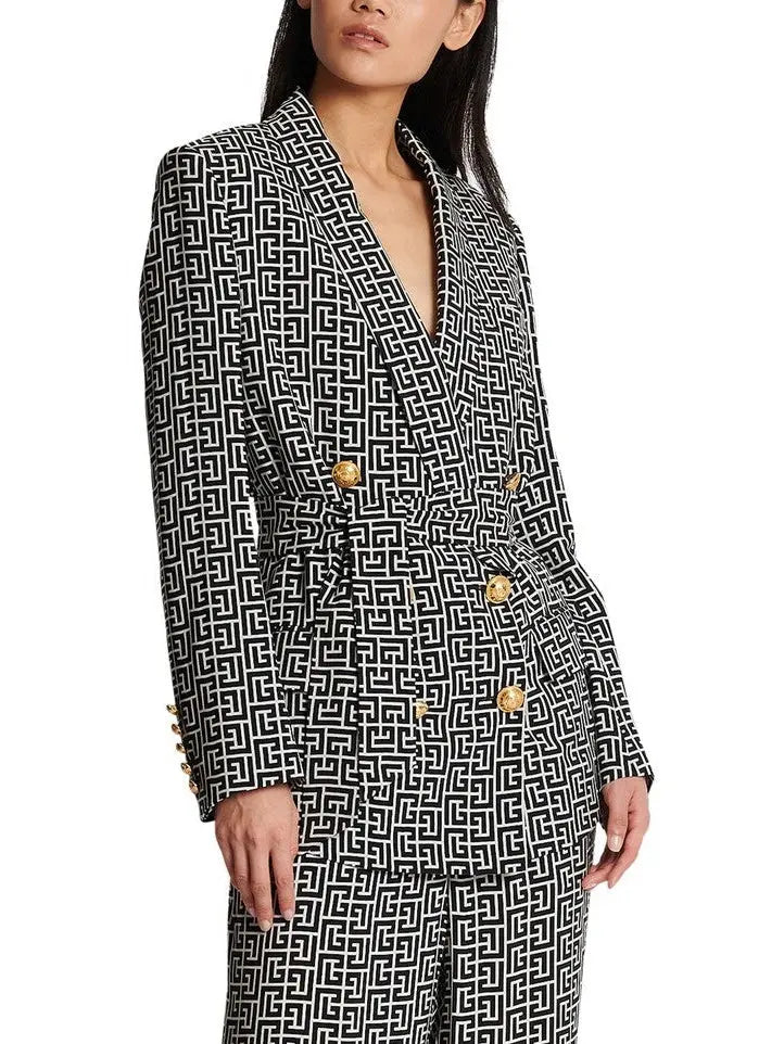 Monogram Printed Jacket with Shawl Collar - Branna Couture