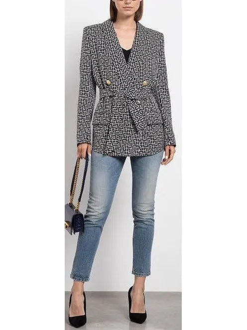 Monogram Printed Jacket with Shawl Collar - Branna Couture