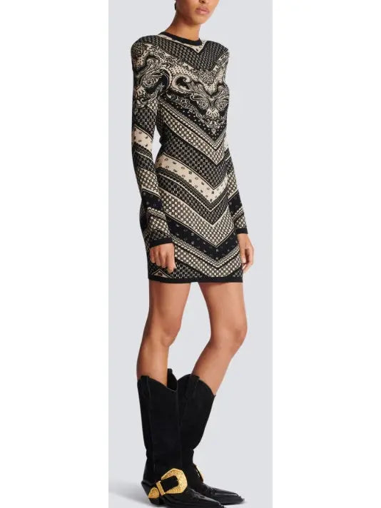 Monogram and Paisley Short Knit Dress - Branna Couture