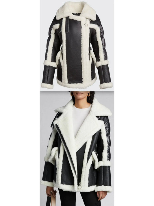 Montmartre Shearling Aviator Down Puffer-Back Jacket, Black and White - Branna Couture