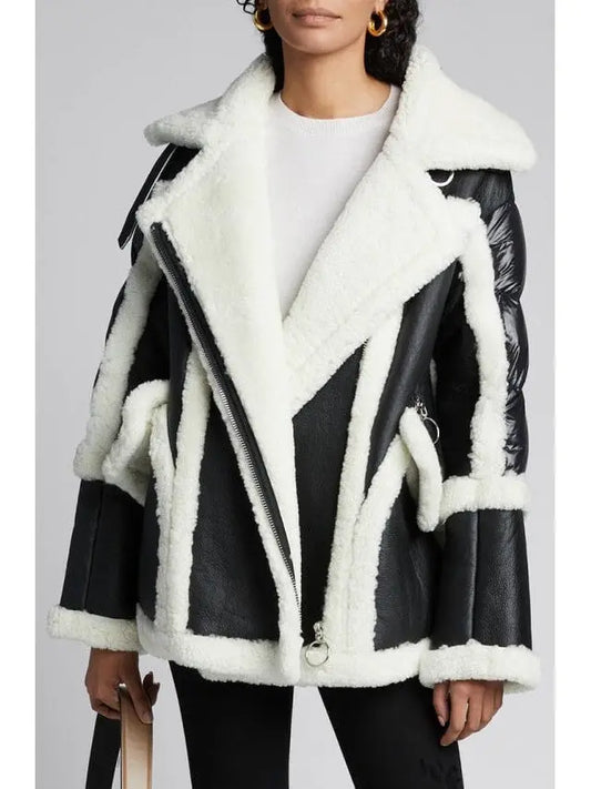 Montmartre Shearling Aviator Down Puffer-Back Jacket, Black and White - Branna Couture