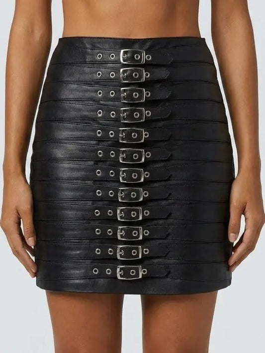 Multi-Buckle Genuine Leather Black Mini Skirt - S - Skirts