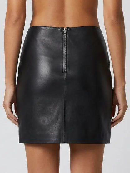 Multi-Buckle Genuine Leather Black Mini Skirt - Skirts