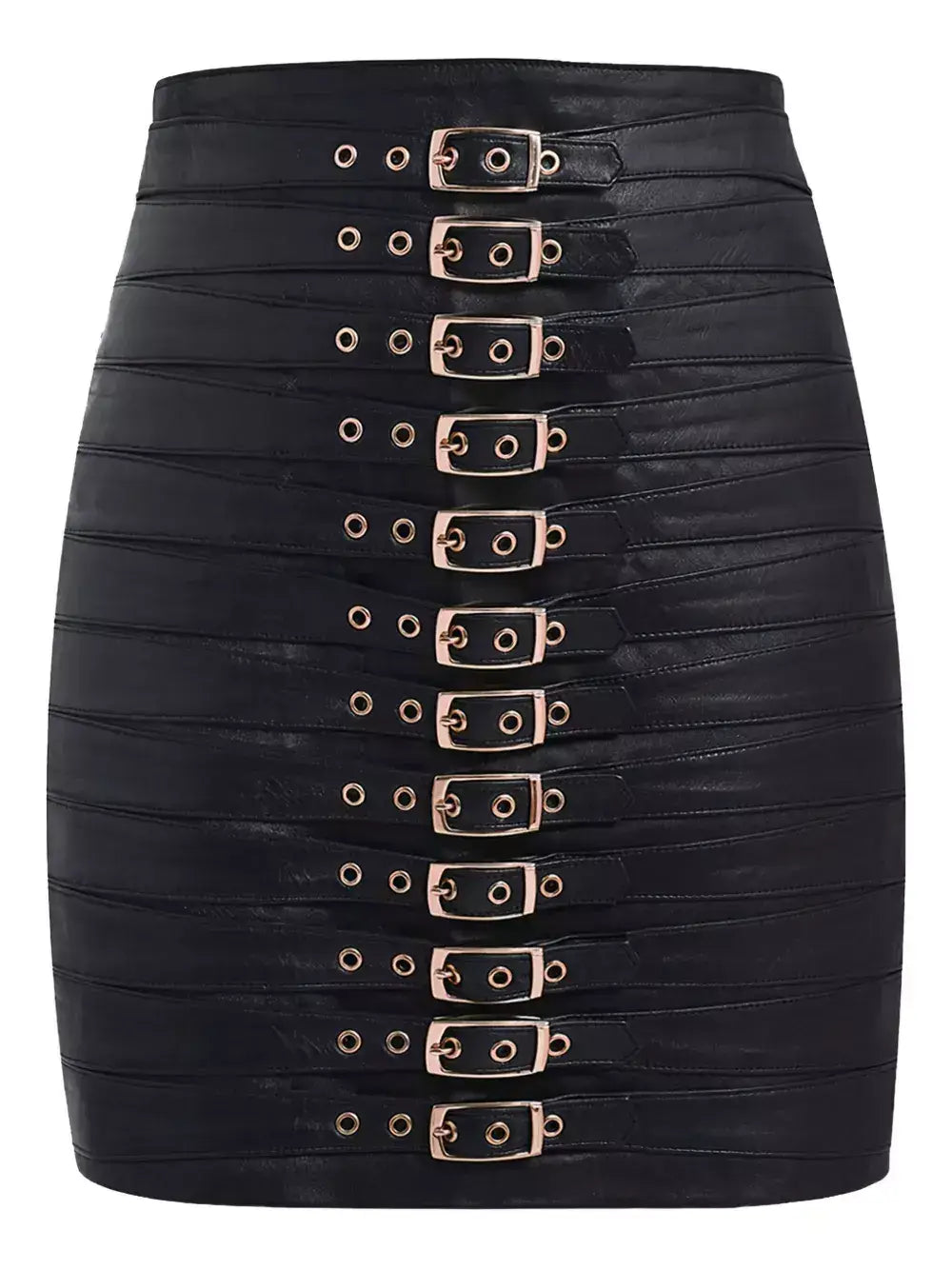 Multi-Buckle Genuine Leather Black Mini Skirt - Skirts