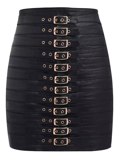 Multi-Buckle Genuine Leather Black Mini Skirt - Skirts