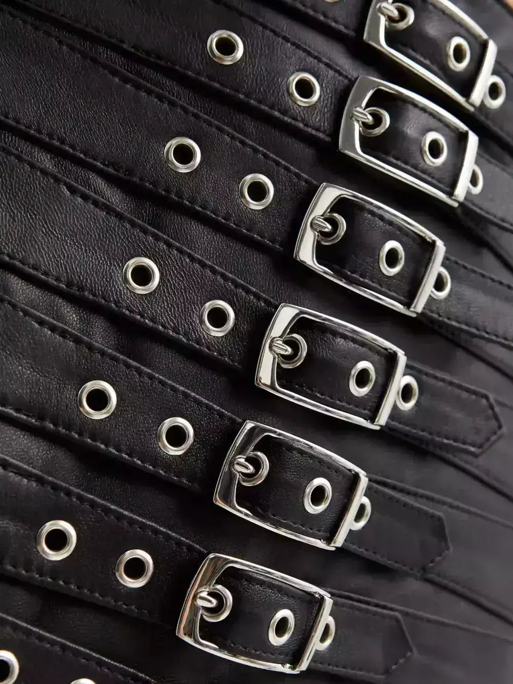 Multi-Buckle Genuine Leather Black Mini Skirt - Skirts