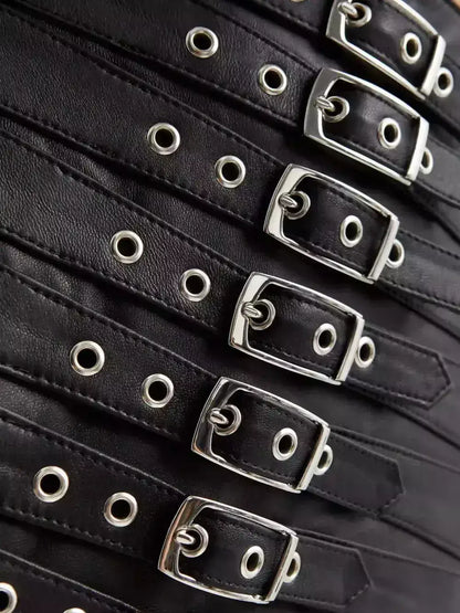 Multi-Buckle Genuine Leather Black Mini Skirt - Skirts