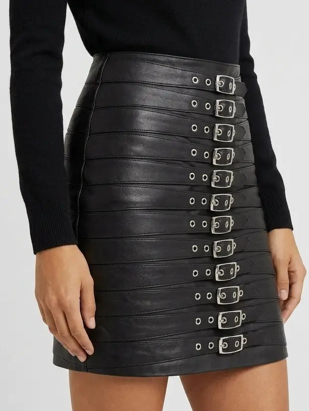 Multi-Buckle Genuine Leather Black Mini Skirt - Skirts