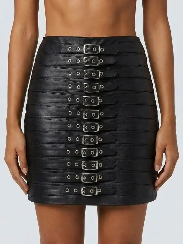 Multi-Buckle Genuine Leather Black Mini Skirt - Skirts