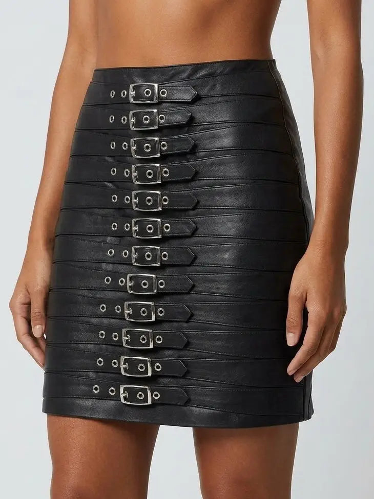 Multi-Buckle Genuine Leather Black Mini Skirt - Skirts