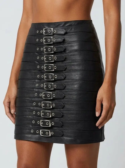 Multi-Buckle Genuine Leather Black Mini Skirt - Skirts