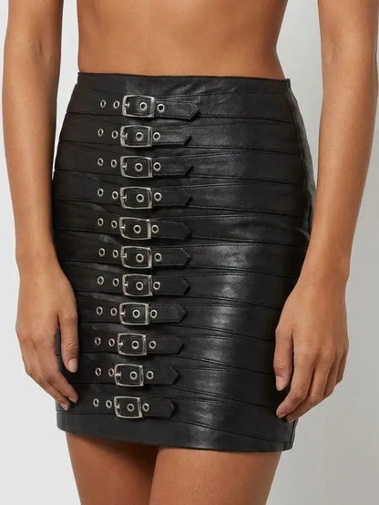 Multi-Buckle Genuine Leather Black Mini Skirt - Skirts