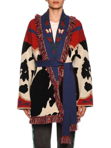 Multi Pattern Cow-Intarsia Belted Cardigan - Branna Couture