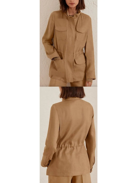 Multi-Pocket Linen Jacket , Tan - Branna Couture