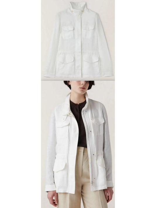 Multi-Pocket Linen Jacket, White - Branna Couture