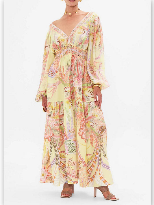 Multicolor-Printed Tie-Front Shirred Detail Dress in Yellow - Branna Couture