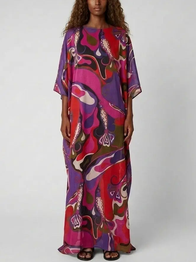 Multicolor Abstract Print Cotton Maxi Kaftan Dress - Small - Dresses