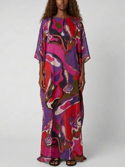Multicolor Abstract Print Cotton Maxi Kaftan Dress - Small - Dresses