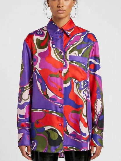Multicolor Abstract Print Oversized Silk Shirt - S - Tops