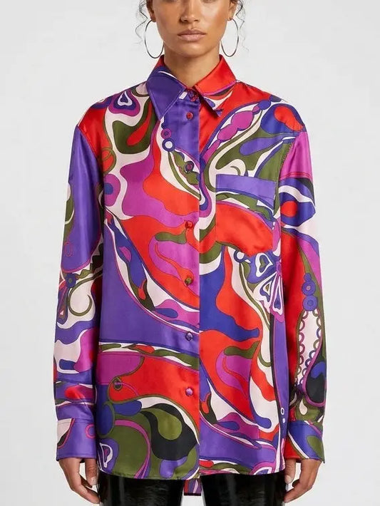 Multicolor Abstract Print Oversized Silk Shirt - S - Tops