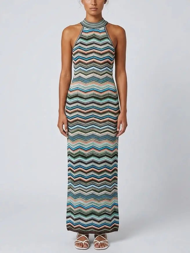Multicolor Chevron Knit Halter Maxi Dress - S - Dresses