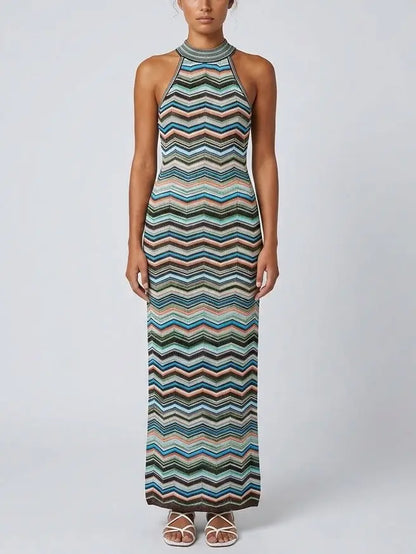 Multicolor Chevron Knit Halter Maxi Dress - S - Dresses