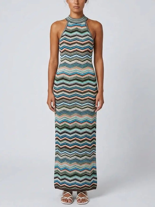 Multicolor Chevron Knit Halter Maxi Dress - S - Dresses