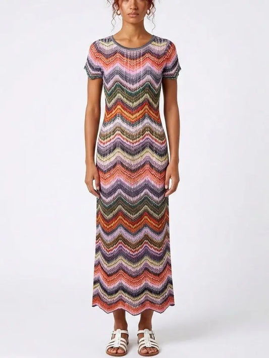 Multicolor Chevron Knit Short Sleeve Maxi Dress - S - Dresses