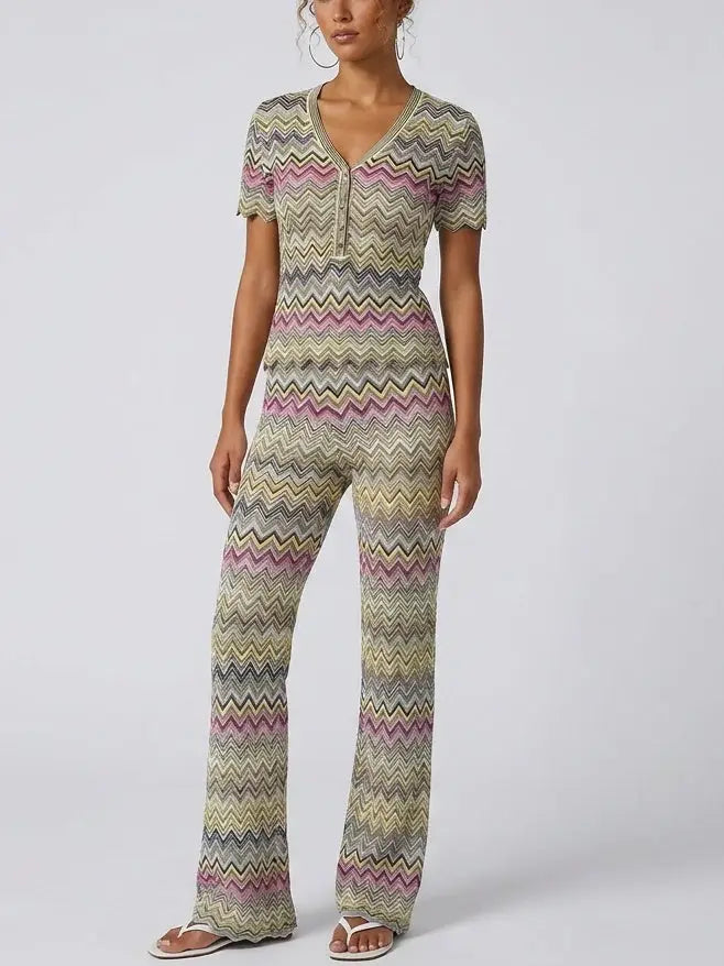 Multicolor Chevron Knit Top and Pant Set - Suits & Sets