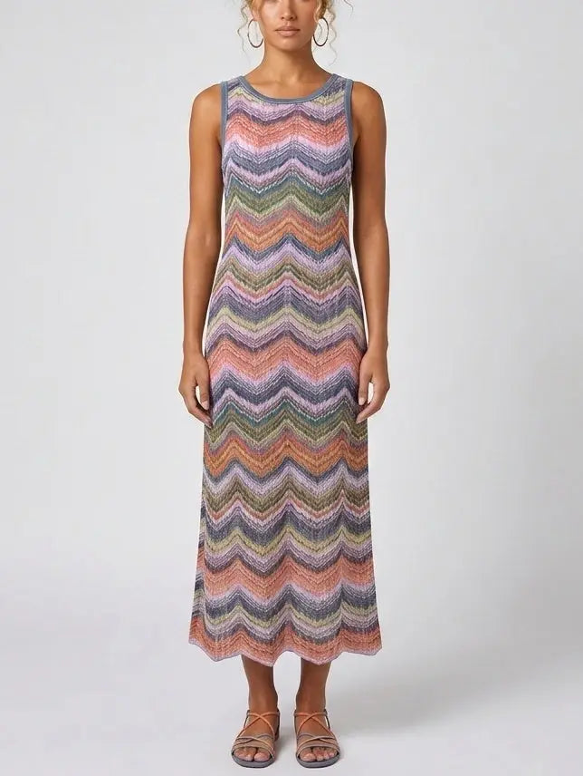 Multicolor Lamé Striped Knit Halter Mini Dress - S - Dresses