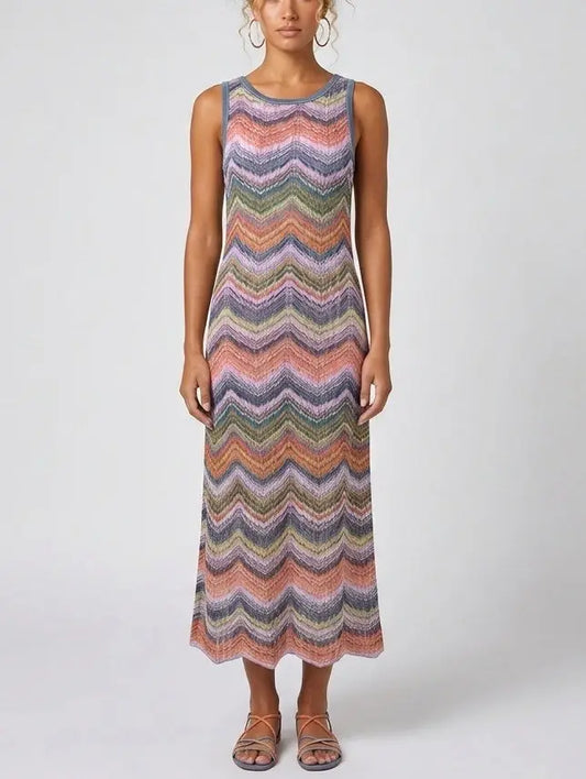Multicolor Lamé Striped Knit Halter Mini Dress - S - Dresses