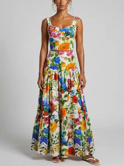 Multicolor Floral Bustier Top and Maxi Skirt Set - S - Suits & Sets