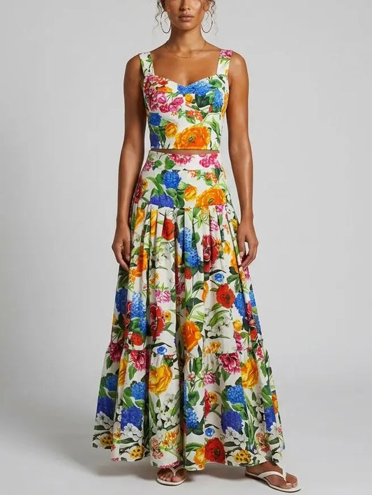 Multicolor Floral Bustier Top and Maxi Skirt Set - S - Suits & Sets