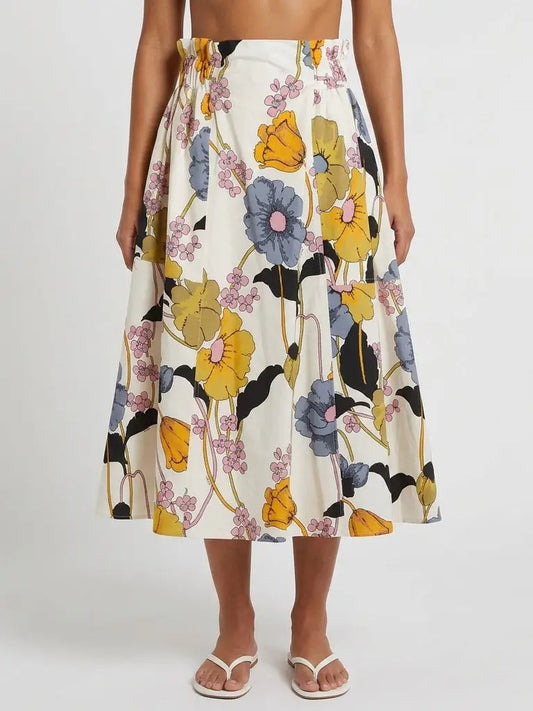 Multicolor Floral Cotton Flared Midi Skirt - Small - Skirts