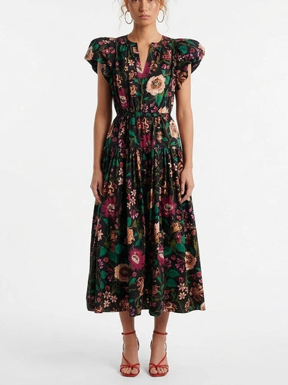 Multicolor Floral Cotton Midi Dress with Flutter Sleeves - S - Dresses