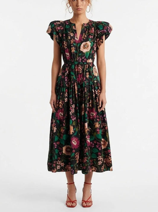 Multicolor Floral Cotton Midi Dress with Flutter Sleeves - S - Dresses